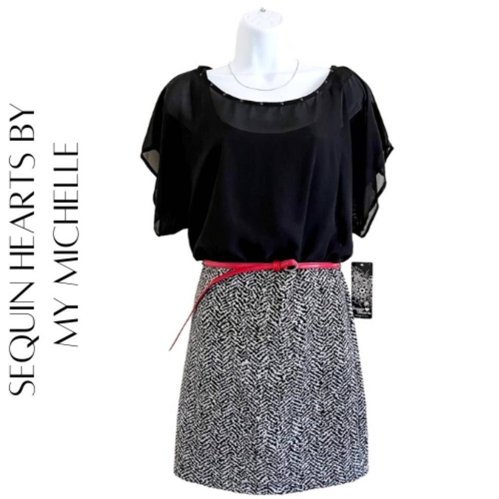 SEQUIN HEARTS BY MY MICHELLE Black & Silver Metallic Dress, L, NWT!